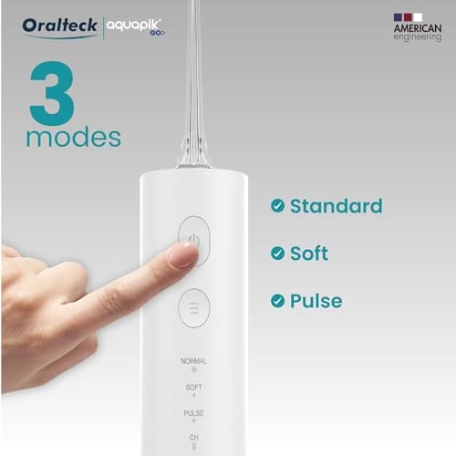 Aquapik Go przenośny prysznic do wielokrotnego ładowania. Prysznic zębowy do podróży czyszczenie wodą 3 tryby ciśnienia i funkcjonalność wydajny profesjonalny irygator. 5 dysz. - obrazek 4