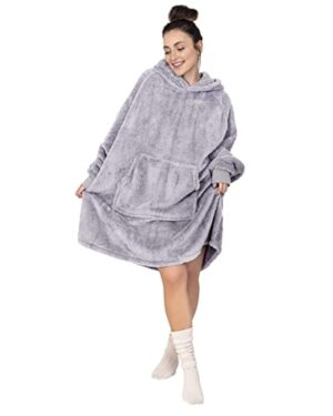 Gräfenstayn Puszysta bluza z kapturem Sherpa koc z rękawami i kapturem Öko-Tex Standard 100 - Przytulny i ciepły sweter dla kobiet i mężczyzn (L – XL szary)