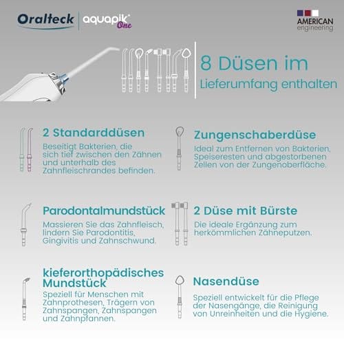 Aquapik One przenośny irygator stomatologiczny i nosowy. Zawiera 8 wielofunkcyjnych dysz. 5 trybów użytkowania. Pojemność 300 ml. Akumulator Zalecane dla całej rodziny (Biały) - obrazek 2