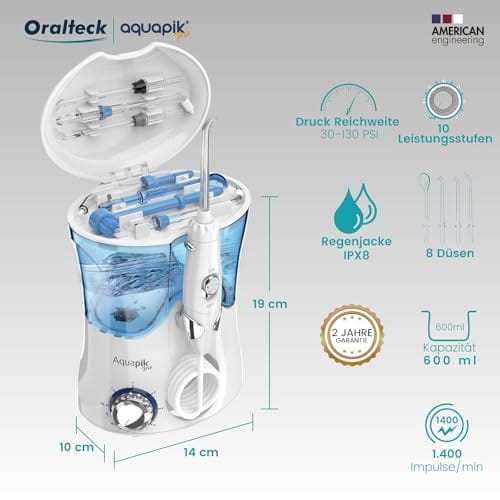 Aquapik Pro - nawadniacz do jamy ustnej - profesjonalny irygator stomatologiczny 8 dysz 10 poziomów mocy zbiornik 600 ml. woda i torba podróżna zalecana przez dentystów (biały) - obrazek 6