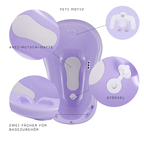 Wanna dla noworodków i niemowląt do 12 miesięcy z zatyczką i matą antypoślizgową wykonana z plastiku wolnego od BPA długość: 84 cm kolor: fioletowy motyw: Yeti marka: Hylat Baby - obrazek 3