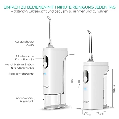 VOYOR WF500 mini irygator do ust bezprzewodowy przenośny do ponownego ładowania wodoszczelny IPX7 do usuwania płytki nazębnej z 2 zdejmowanymi zbiornikami do domu i w podróży do czyszczenia szelek - obrazek 2