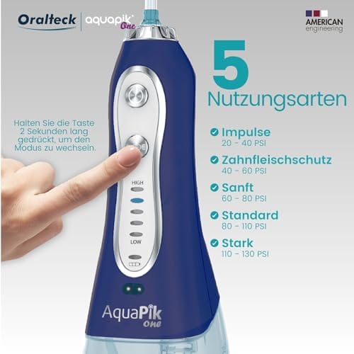 Aquapik One przenośny irygator stomatologiczny i nosowy. Zawiera 8 wielofunkcyjnych dysz. 5 trybów użytkowania. Pojemność 300 ml. Akumulator Zalecane dla całej rodziny (niebieski) - obrazek 3