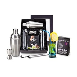 Zestaw do koktajli Römer Präsente: 8-częściowy shaker, pudełko na przepisy, 2 szklanki do longdrinków, łyżka i miarka barmańska w czarnym pudełku prezentowym