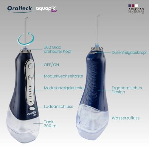 Aquapik One przenośny irygator stomatologiczny i nosowy. Zawiera 8 wielofunkcyjnych dysz. 5 trybów użytkowania. Pojemność 300 ml. Akumulator Zalecane dla całej rodziny (niebieski) - obrazek 5