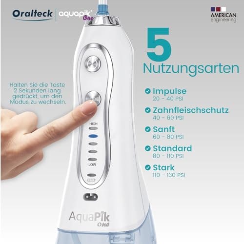 Aquapik One przenośny irygator stomatologiczny i nosowy. Zawiera 8 wielofunkcyjnych dysz. 5 trybów użytkowania. Pojemność 300 ml. Akumulator Zalecane dla całej rodziny (Biały) - obrazek 3