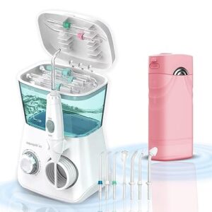 AQUAPIK DUO Pack Irrigatory dentystyczne. Aquapik 100 Komputer stacjonarny zawiera: 8 dysz 10 poziomów i Aquapik Mini przenośny irygator zawiera: 4 dysze 5 trybów użytkowania. (Różowy)