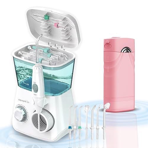 AQUAPIK DUO Pack Irrigatory dentystyczne. Aquapik 100 Komputer stacjonarny zawiera: 8 dysz 10 poziomów i Aquapik Mini przenośny irygator zawiera: 4 dysze 5 trybów użytkowania. (Różowy)