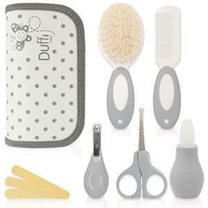 Duffi Baby Set do pielęgnacji nowo urodzonego dziecka. Gra Pielęgnacja dzieci 6 sztuk. Zestaw toaletowy Etui na zamek błyskawiczny Szczotka Włosy Limonka Paznokcie Grzebień Odkurzacz do nosa Nożyczki