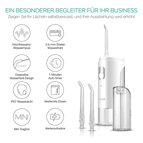 VOYOR WF500 mini irygator do ust bezprzewodowy przenośny do ponownego ładowania wodoszczelny IPX7 do usuwania płytki nazębnej z 2 zdejmowanymi zbiornikami do domu i w podróży do czyszczenia szelek - obrazek 6