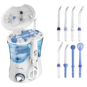 Aquapik Pro - nawadniacz do jamy ustnej - profesjonalny irygator stomatologiczny 8 dysz 10 poziomów mocy zbiornik 600 ml. woda i torba podróżna zalecana przez dentystów (biały)