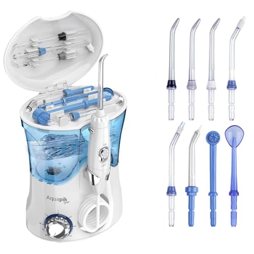 Aquapik Pro - nawadniacz do jamy ustnej - profesjonalny irygator stomatologiczny 8 dysz 10 poziomów mocy zbiornik 600 ml. woda i torba podróżna zalecana przez dentystów (biały)