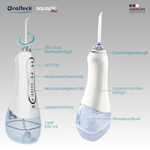 Aquapik One przenośny irygator stomatologiczny i nosowy. Zawiera 8 wielofunkcyjnych dysz. 5 trybów użytkowania. Pojemność 300 ml. Akumulator Zalecane dla całej rodziny (Biały) - obrazek 5