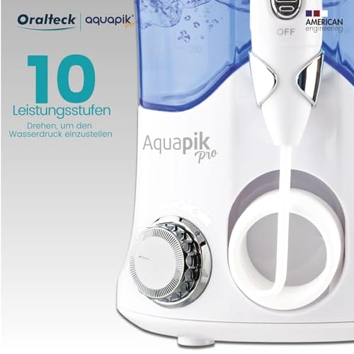 Aquapik Pro - nawadniacz do jamy ustnej - profesjonalny irygator stomatologiczny 8 dysz 10 poziomów mocy zbiornik 600 ml. woda i torba podróżna zalecana przez dentystów (biały) - obrazek 3