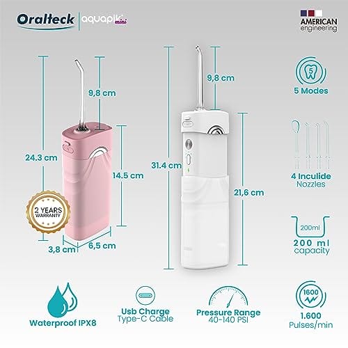 AQUAPIK DUO Pack Irrigatory dentystyczne. Aquapik 100 Komputer stacjonarny zawiera: 8 dysz 10 poziomów i Aquapik Mini przenośny irygator zawiera: 4 dysze 5 trybów użytkowania. (Różowy) - obrazek 8