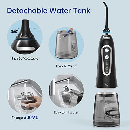 ByDiffer Water Flosser Cordless Water Flossers for Teeth Cleaning Picks 300ML 5 DIY Modes 5 Water Jet Tips Rechargeable IPX7 Waterproof Dental Portable Oral Irrigator Black - obrazek 5