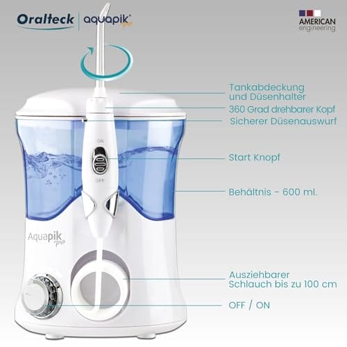 Aquapik Pro - nawadniacz do jamy ustnej - profesjonalny irygator stomatologiczny 8 dysz 10 poziomów mocy zbiornik 600 ml. woda i torba podróżna zalecana przez dentystów (biały) - obrazek 5