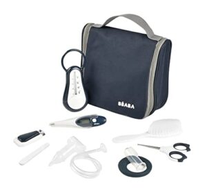 Beaba Nomadyczny zestaw toaletowy dla niemowląt - 9 akcesoriów w tym termometr kąpielowy termometr cyfrowy pierścień na ząbkowanie masażer do dziąseł ręczna mucha dla niemowląt noc niebieski