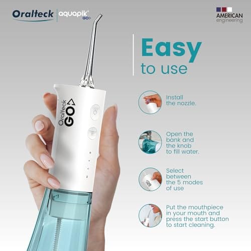 Aquapik Go przenośny prysznic do wielokrotnego ładowania. Prysznic zębowy do podróży czyszczenie wodą 3 tryby ciśnienia i funkcjonalność wydajny profesjonalny irygator. 5 dysz. - obrazek 5