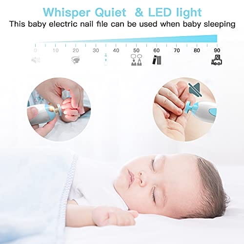 Pilnik do paznokci dla niemowląt Megainvo elektryczny trymer do paznokci zestaw do manicure obcinacz do paznokci światło LED szept cicha konstrukcja bezpieczna dla noworodka malucha dzieci zestaw do pielęgnacji palców i paznokci 10 głowic szlifierskich niebieski - obrazek 8