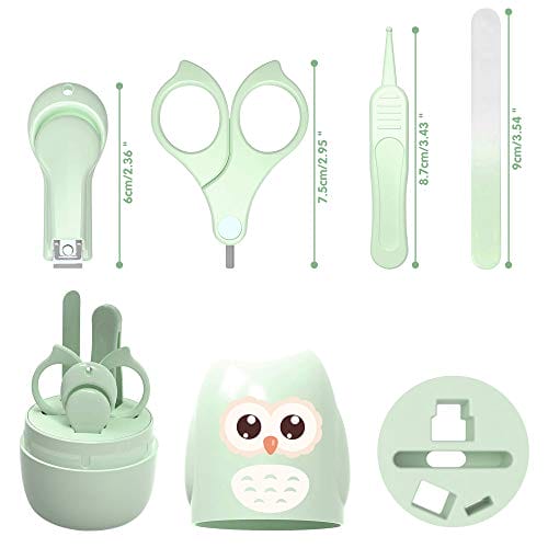 Zestaw do pielęgnacji paznokci dla niemowląt firmy HyAiderTech; zestaw do pielęgnacji dzieci 4 w 1 z pokrowcem w kształcie uroczej sowy - obcinaczki do paznokci dla niemowląt nożyczki pilnik do paznokci i pęseta. Zestaw do manicure dla niemowląt / zestaw do pedicure dla noworodków niemowląt; zielony - obrazek 9
