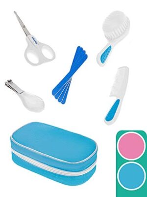 AKUKU zestaw do pielęgnacji niemowląt dla noworodków chłopców od 0 miesięcy niebieski 5-częściowy artykuły do pielęgnacji niemowląt nożyczki do paznokci obcinacz do paznokci pilnik do paznokci papier grzebień i szczotka pierwsze wyposażenie włosy strupy mleczne