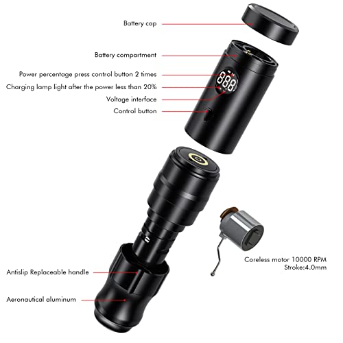 TATELF Wireless Tattoo Maschine Set Coreless Rotary Tattoo Pen Kit mit 2pcs 2200mAh Batterie Power 20pcs Patronennadeln für Anfänger Künstler - obrazek 8