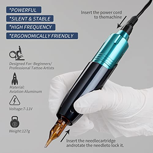 Harsso Tattoo Machine Set, Rotary Pen Tätowiermaschine set mit 20 Cartridgenadeln/Netzteil/Fußpedal/Fake Haut und Box, Komplettes Tattoo-Kit für Tätowierer und Anfänger Blau - obrazek 3