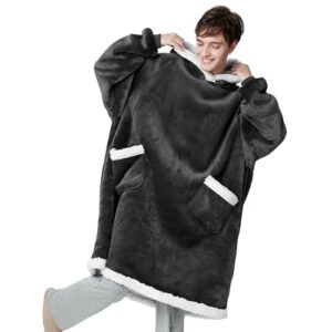 Przytulny koc z rękawami i kapturem - Bedsure Sherpa, czarny, oversize XXL 110 x 90 cm