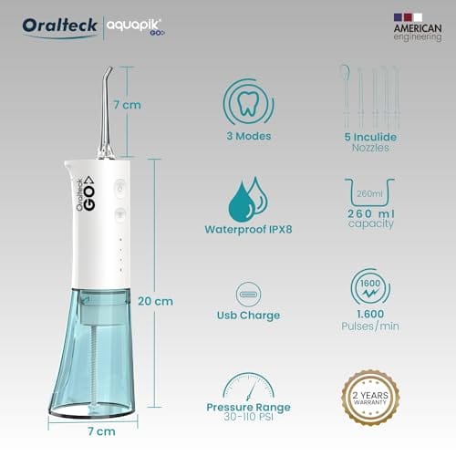 Aquapik Go przenośny prysznic do wielokrotnego ładowania. Prysznic zębowy do podróży czyszczenie wodą 3 tryby ciśnienia i funkcjonalność wydajny profesjonalny irygator. 5 dysz. - obrazek 6