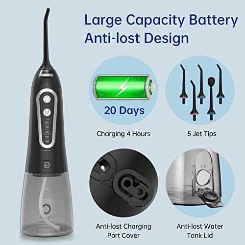 ByDiffer Water Flosser Cordless Water Flossers for Teeth Cleaning Picks 300ML 5 DIY Modes 5 Water Jet Tips Rechargeable IPX7 Waterproof Dental Portable Oral Irrigator Black - obrazek 3