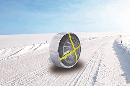 BSSTORE Uniwersalne skarpety śniegowe wielokrotnego użytku łańcuchy śnieżne z tkaniny R13 do R18 | Zestaw 2 sztuk dla kół napędowych (Rozmiar S) - Lekkie i łatwe w montażu łańcuchy śnieżne dla samochodów z napędem, w zestawie rękawiczki - obrazek 2