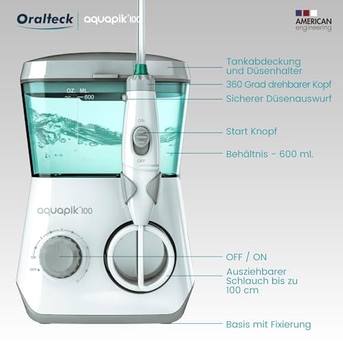 AQUAPIK 100 irygatorów do ust i nosa z 8 wielofunkcyjnymi dyszami 10 poziomami mocy pojemność 600 ml. Zalecany na całym świecie. Idealny dla całej rodziny. - obrazek 5