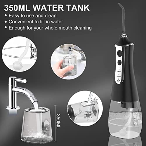 Water Flosser bezprzewodowy środek do czyszczenia zębów 350 ml przenośny bezprzewodowy irygator jamy ustnej do pielęgnacji zębów użytku domowego i podróży 3 tryby z 5 końcówkami strumieniowymi i - obrazek 8
