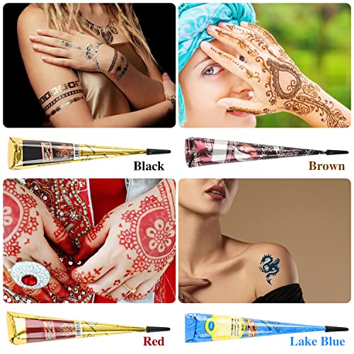 YUXUAN Temporäres Tattoo Set, 9 Farben Temporäre Tattoos Cone, 108 teiliges Schablonenmuster Sets, 1 Applikatorflasche und 5 Kunststoffdüsen, Tattoo Zeichenset für Halloween, Weihnachten, Party. - obrazek 2