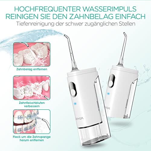 VOYOR WF500 mini irygator do ust bezprzewodowy przenośny do ponownego ładowania wodoszczelny IPX7 do usuwania płytki nazębnej z 2 zdejmowanymi zbiornikami do domu i w podróży do czyszczenia szelek - obrazek 5