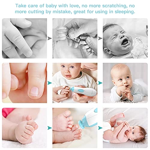 Pilnik do paznokci dla niemowląt Megainvo elektryczny trymer do paznokci zestaw do manicure obcinacz do paznokci światło LED szept cicha konstrukcja bezpieczna dla noworodka malucha dzieci zestaw do pielęgnacji palców i paznokci 10 głowic szlifierskich niebieski - obrazek 3