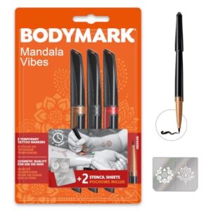 BodyMark by BIC, temporäre Tattoos in 3 verschiedenen Farben, geruchsarme & schnell trocknende Tattoo Stifte für die Haut mit 2 Schablonen