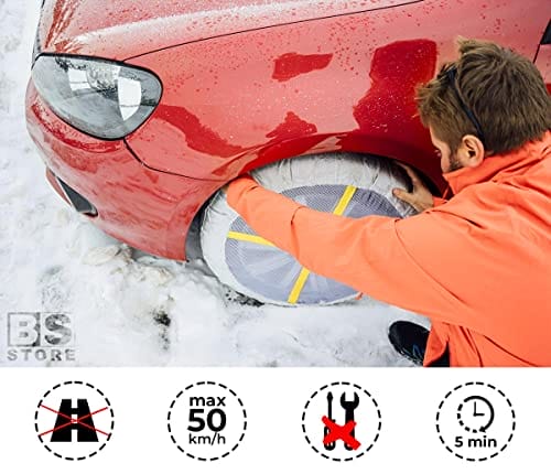BSSTORE Uniwersalne skarpety śniegowe wielokrotnego użytku łańcuchy śnieżne z tkaniny R13 do R18 | Zestaw 2 sztuk dla kół napędowych (Rozmiar S) - Lekkie i łatwe w montażu łańcuchy śnieżne dla samochodów z napędem, w zestawie rękawiczki - obrazek 7