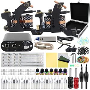 Komplettes Tattoo Kit - Rayyl Coil Tattoo Kit Maschine 2 Stück Tattoo Maschinen Mini Tattoo Netzteil Praxis Haut 7 Farbtinten Tattoo Tintenbecher Tattoo Nadeln Tipps Liner & Shader Tattoo Gun Kit