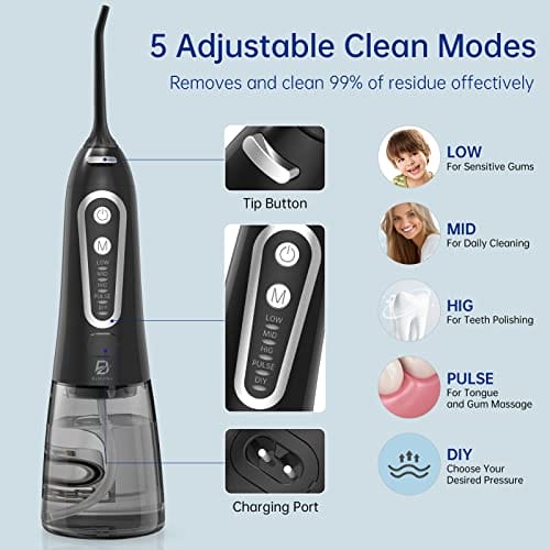 ByDiffer Water Flosser Cordless Water Flossers for Teeth Cleaning Picks 300ML 5 DIY Modes 5 Water Jet Tips Rechargeable IPX7 Waterproof Dental Portable Oral Irrigator Black - obrazek 6