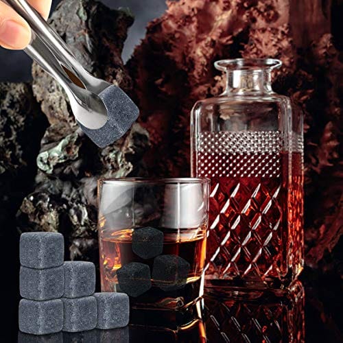 Zestaw kamieni do whisky w drewnianym pudełku - 9 kostek lodu wielokrotnego użytku, szczypce i woreczek prezentowy - obrazek 3