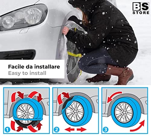 BSSTORE Uniwersalne skarpety śniegowe wielokrotnego użytku łańcuchy śnieżne z tkaniny R13 do R18 | Zestaw 2 sztuk dla kół napędowych (Rozmiar S) - Lekkie i łatwe w montażu łańcuchy śnieżne dla samochodów z napędem, w zestawie rękawiczki - obrazek 4
