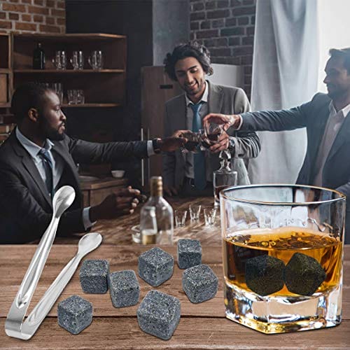 Zestaw kamieni do whisky w drewnianym pudełku - 9 kostek lodu wielokrotnego użytku, szczypce i woreczek prezentowy - obrazek 2