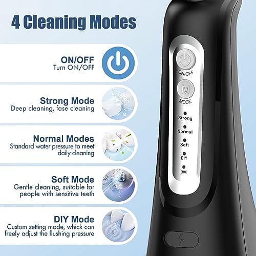 Bezprzewodowy irygator do jamy ustnej 4 tryby czyszczenia 4 końcówki jet wodoszczelność IPX7 i ładowanie przez USB elektryczne urządzenie do czyszczenia zębów w podróży i Homful dla ortopedów do - obrazek 8