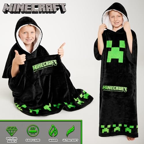 Koc Polarowy z Kapturem Minecraft dla Dzieci i Młodzieży - Ponczo Dziecięce w Jednym Rozmiarze z Kapturem Podszytym Sherpą - Prezenty dla Graczy - obrazek 3