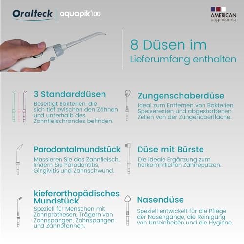 AQUAPIK 100 irygatorów do ust i nosa z 8 wielofunkcyjnymi dyszami 10 poziomami mocy pojemność 600 ml. Zalecany na całym świecie. Idealny dla całej rodziny. - obrazek 2