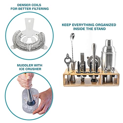 Zestaw do koktajli BlauKe - 17 elementów, stal nierdzewna, stojak bambusowy - obrazek 3
