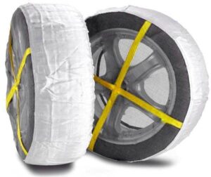 BSSTORE Uniwersalne skarpety śniegowe wielokrotnego użytku łańcuchy śnieżne z tkaniny R13 do R18 | Zestaw 2 sztuk dla kół napędowych (Rozmiar S) - Lekkie i łatwe w montażu łańcuchy śnieżne dla samochodów z napędem, w zestawie rękawiczki