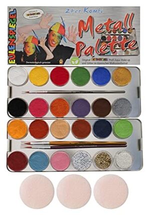 Eulenspiegel 24-Pack Combo Metal Palette - Zestaw do makijażu: praktyczna kolekcja najważniejszych kolorów w klasycznym formacie palety, zgodna z przepisami kosmetycznymi UE, bez perfum i filtrów UV, bez parabenów i PAH, wystarcza na około 210 masek